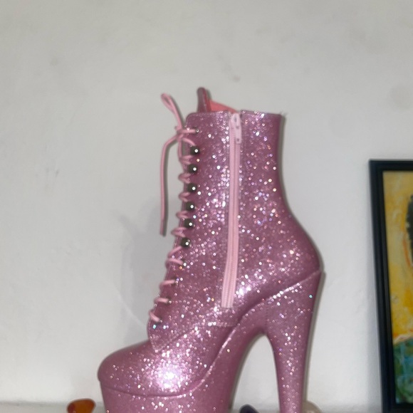 Pleaser Pink Glitter Lace-Up Platform Ankle Boots - Picture 5 of 6